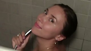 Russian gal with small titties fucks dirty in a bathroom