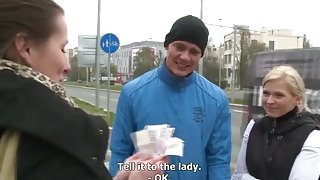 Hot brunette female having fun at amazing group sex party in public place