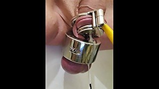 Intense cbt estim orgasm in tiny chastity cage