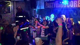 Filthy brunette hussies give head to aroused strippers