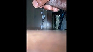 Cumming on hotel table while maid is watching