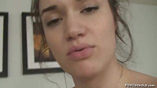 Paris Lincoln cuckolds her man with POV blowjob and sex then creampie eating chastity and strapon