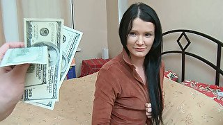 Weird brunette shows her blowjob and handjob skills to a guy