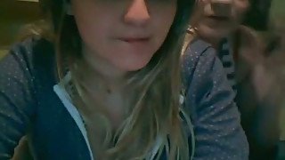 Kinky amateur blonde chicks brag of their boobies and suck them on cam