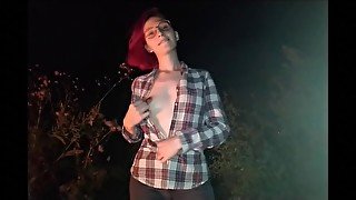 A bright girl sucks a dick in nature by the fire.♡