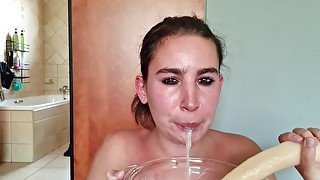 Accumulating spit as I constantly deepthroat myself with a dildo  gagging