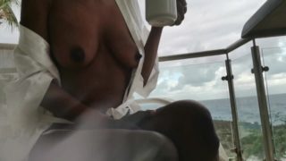 nahomy- Hot Ebony masturbation and orgasm in a public balcony waterfront