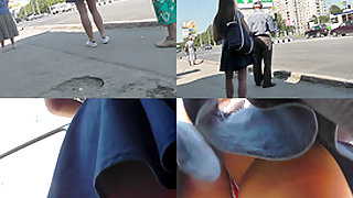 G-string wearing brunette filmed in upskirt video clip