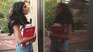 Naughty charming lesbo Naomi Woods returns from shopping and eats pussy