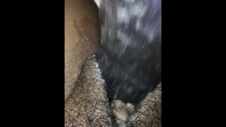 Close-Up Ebony Shoving 9” Dildo in Hairy Pussy