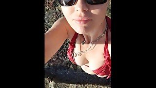 Risky cute pussy flash on public beach