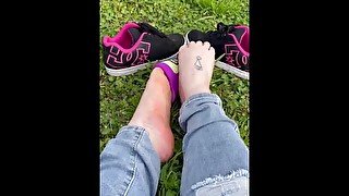 BBW milf does sock tease outdoors