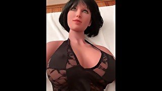 Doll Katja gets fucked on table in black dress