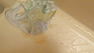 Pissing on light-blue panties!!