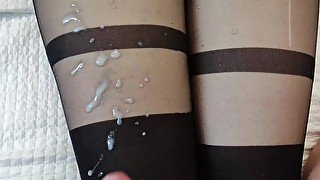 Mistress snapchats with her lover and ignores her cuckold who licks his sperm from her legs