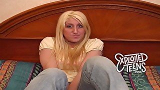 Tall leggy blonde with D-cup tits makes her first fuck video