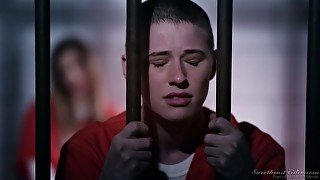 Two skinny white female convicts in the jail cell pleasure each other