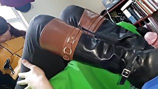 POV #2 Riding Leather Mistress stepping cock and bootjob to slave until cum!