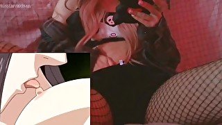 Innocent teen girl amateur masturbs her pussy watching lesbian hentai strapon Yuri uncensored 18