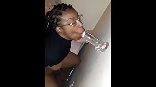 Ebony whore sloppy blowjob mounted dildo