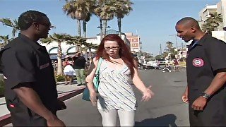 Two black studs fuck ginger chick Trinity Post and cum in her mouth