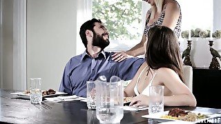 Bearded BF of horny MILF lures stepdaughter to finger her juicy pussy