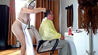 Do you want me to cut your hair? Stylist's client. Naked hairdresser. Nudism 21