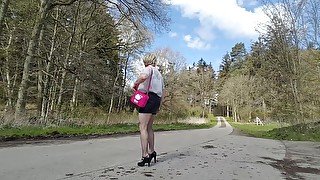 Sissy Vivian Tootinyforher exposed nude as blonde bimbo tits slut public parking area 1