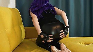 Mistress touch her tight ass and legs in leather leggings