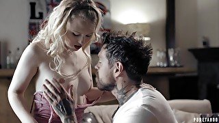 Nice blonde enjoys forbidden sex with one kinky tattooed man