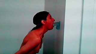 Petite Tgirl Sucks Wall Mount Dildo Lovingly