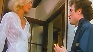 Lucky man eats delicious lean young blonde babe on the couch