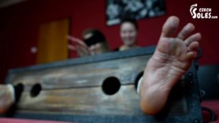 Foot tickling torture in a stake, part 2 (foot fetish, feet, two girls)
