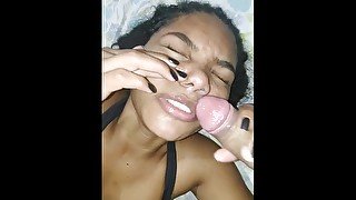Stepdaughter in a blowjob drooling and swallowing cum through her nose