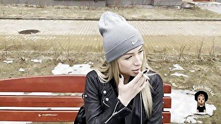 Sexy blonde sucked neighbour's huge dick while her husband is watching TV