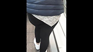 Step mom pulled out leggings on elevator in supermarket fucking step son