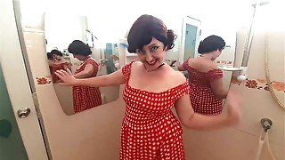 Pinup babe has no panties in front of mirror Retro Vintage Nude maid Housewife