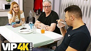 DADDY4K. Excited blonde sneaks into kitchen and seduces BFs old dad