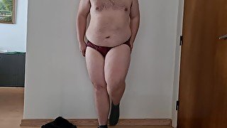 Sissy boy's first wear of a transformation chastity belt