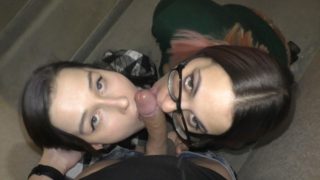 Amateur Threesome blowjob in the entrance | Public double blowjob POV