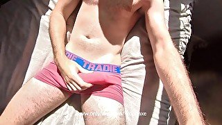 Guy spits on cock and cums while masturbating