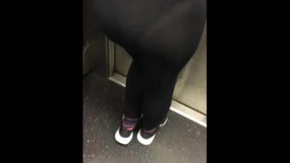 Wife in See through leggings with fatigue panties on public train