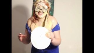 BBW gets pied multiple times in tight blue dress