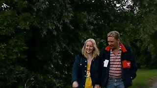 Pale slim blond teen gets her wet juicy pussy eaten in a standing position