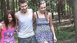 two girls fuck a guy in the woods