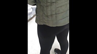 Step mom no panties under leggings in supermarket before fuck step son