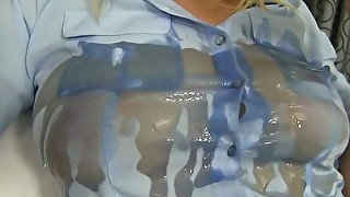 Two wet lesbians examine each others pussies and stimulate with vibrator