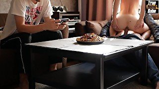 Husband plays mobile game, wife plays with neighbor's cock (English Subtitles) – TrueHomeBabe