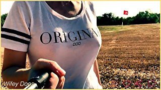 Public Braless  Distracting the golfers is so much FUN braless