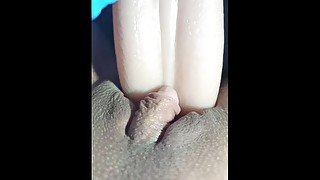 In medical gloves, fucking my pussy with a big dildo tongue
